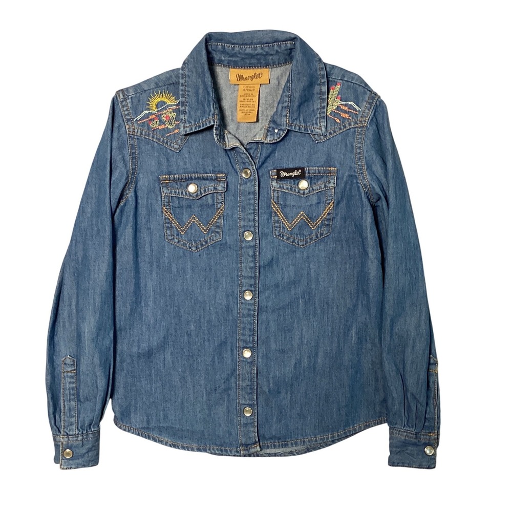 Wrangler Denim Western Shirt Kids Small Embroidered Cactus Desert Snap Front